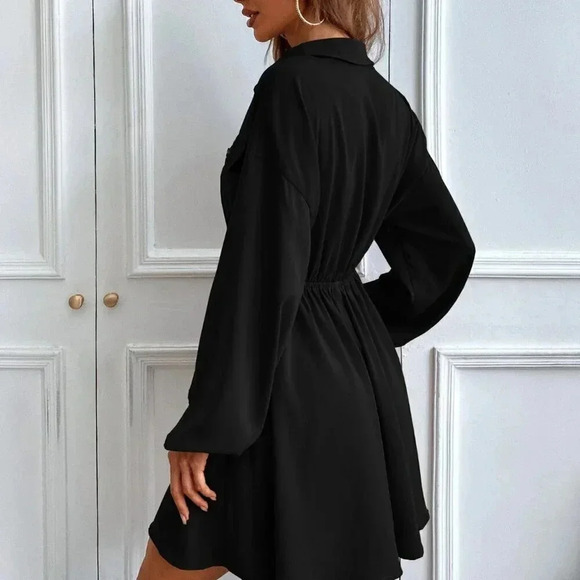 Black Casual Women's Lantern Sleeve Flap Detail Shirt Dress Without Belt - Picture 3 of 7